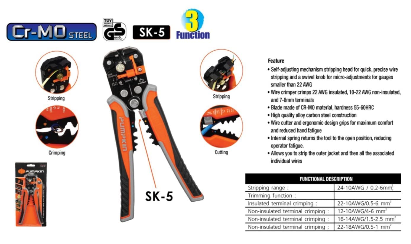 Pumpkin Multipurpose Self Adjusting Wire Stripper, Cutter and Crimping Tool 14618