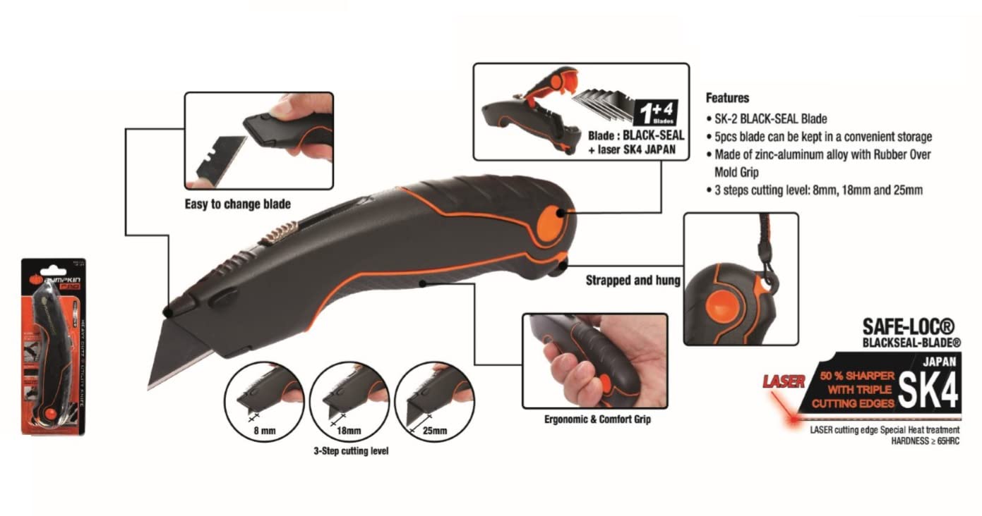 PUMPKIN Heavy Cut Retractable Utility Knife with 5 Blades - 12124