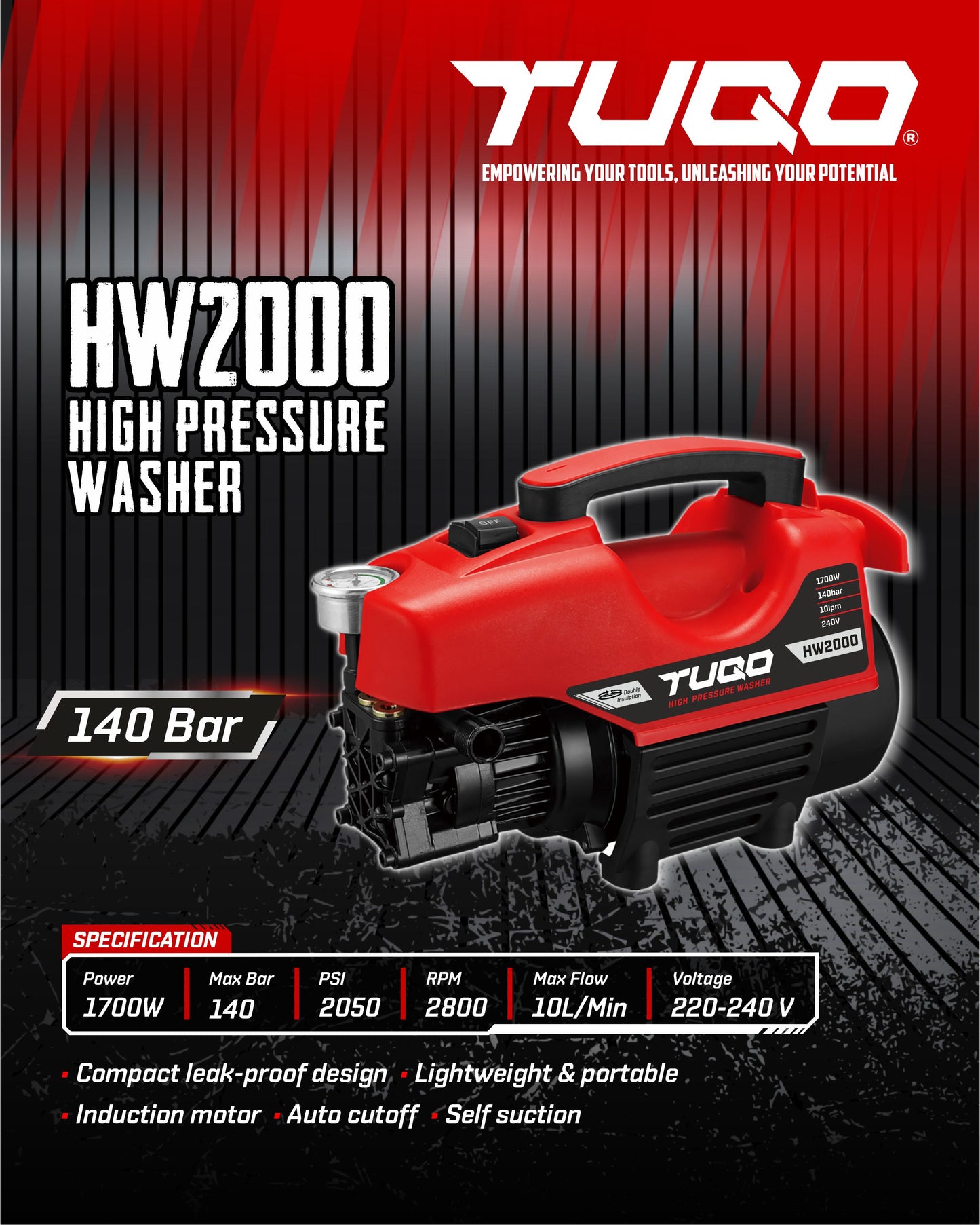 TUQO High Pressure Washer HW2000 / 140 Bar