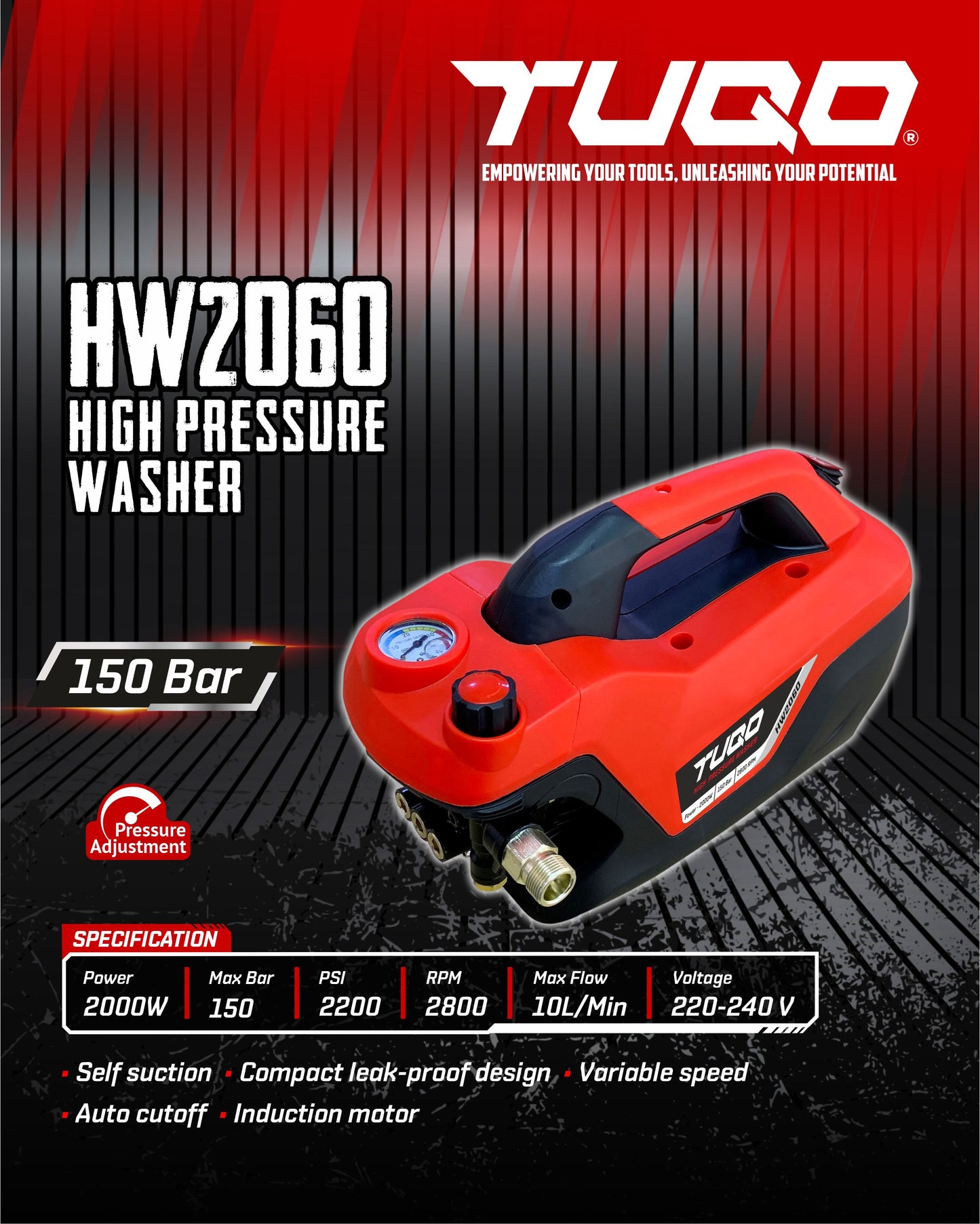 TUQO Heavy Duty High Pressure Washer 2000W with Pressure Control Knob