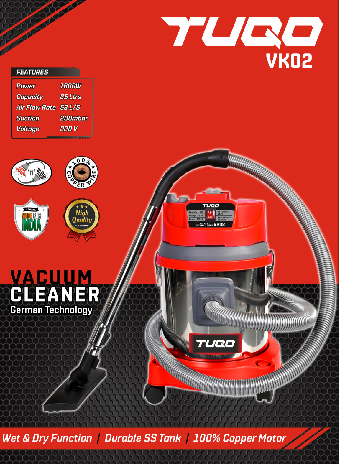 TUQO Wet & Dry Vaccum Cleanner with Blow Function VK02-25 Liters