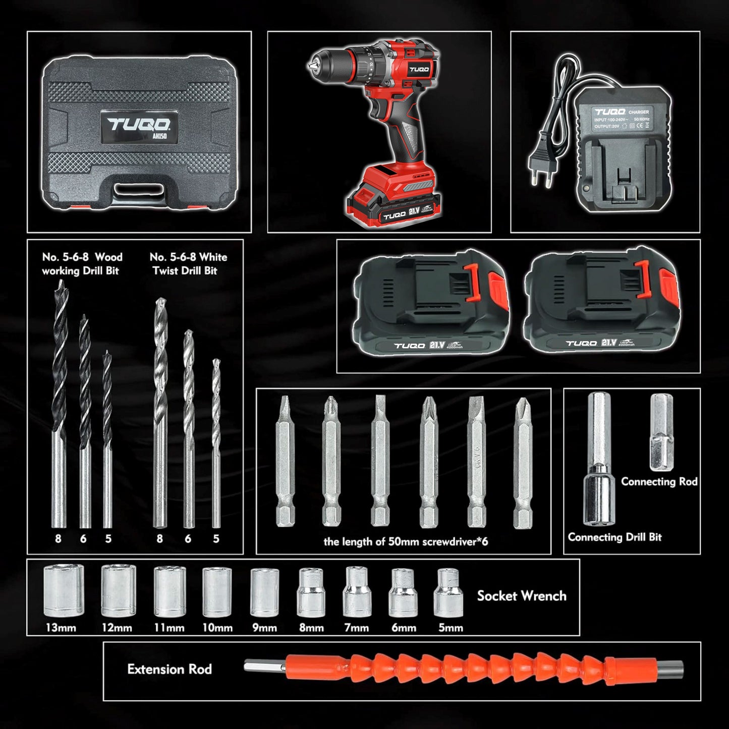 TUQO AH150 Cordless Impact Drill 24Pcs Set