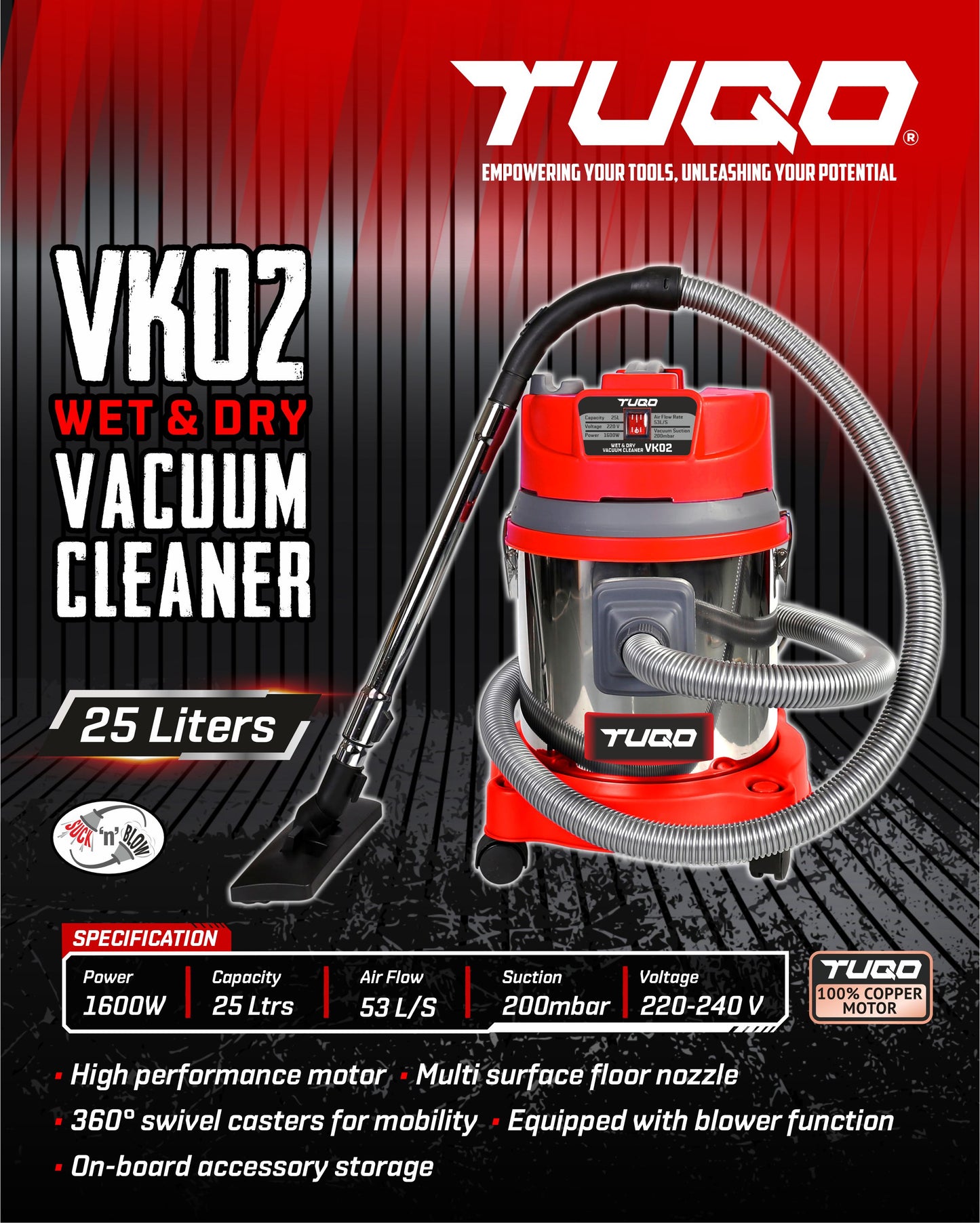 TUQO Wet & Dry Vaccum Cleanner with Blow Function VK02-25 Liters